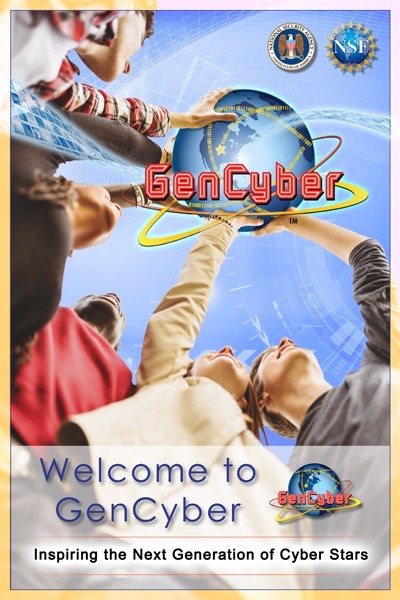 Photo of students reaching for the GenCyber logo